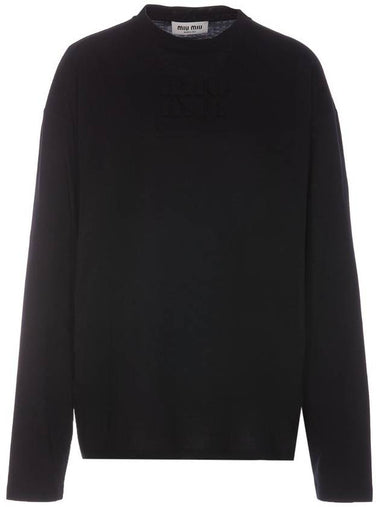 Logo Embroidered Cotton Long Sleeve T-shirt Black - MIU MIU - BALAAN 1