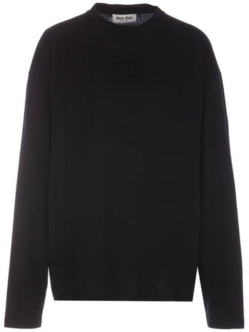 Logo Embroidered Cotton Long Sleeve T-shirt Black - MIU MIU - BALAAN 1