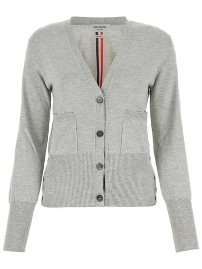 Silk Cotton Blend Relaxed V-Neck Cardigan Light Grey - THOM BROWNE - BALAAN 2