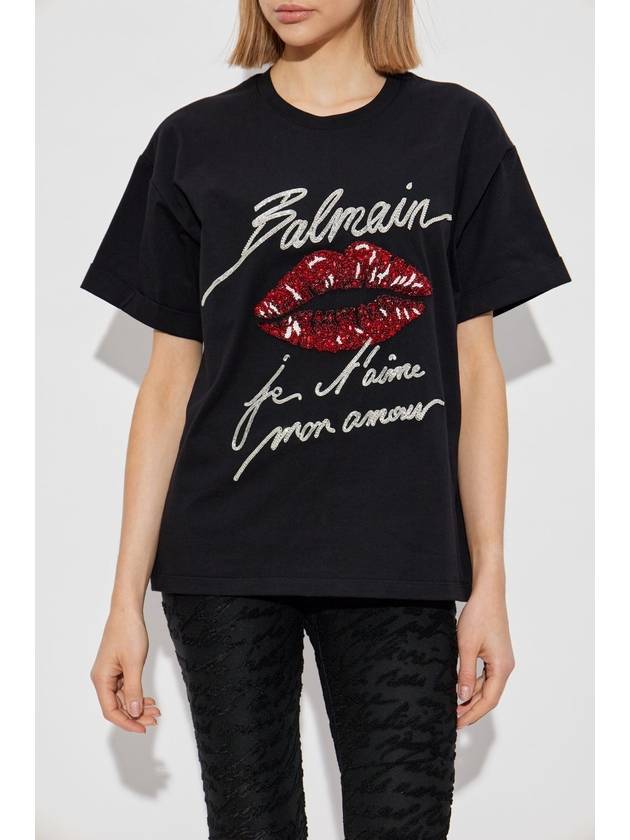 Balmain T-shirt With Shimmering Appliqués, Women's, Black - BALMAIN - BALAAN 3