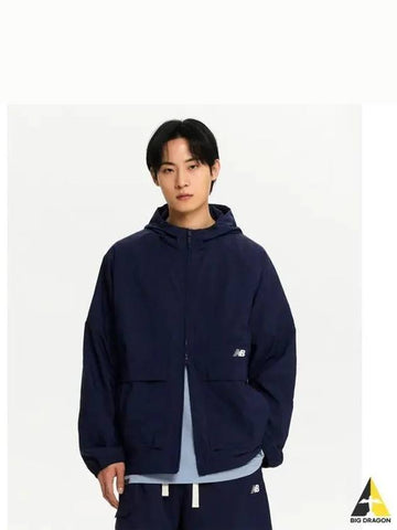 NBNAE21413 UNI Summer Seersucker Hooded Zip up Jacket NAVY - NEW BALANCE - BALAAN 1