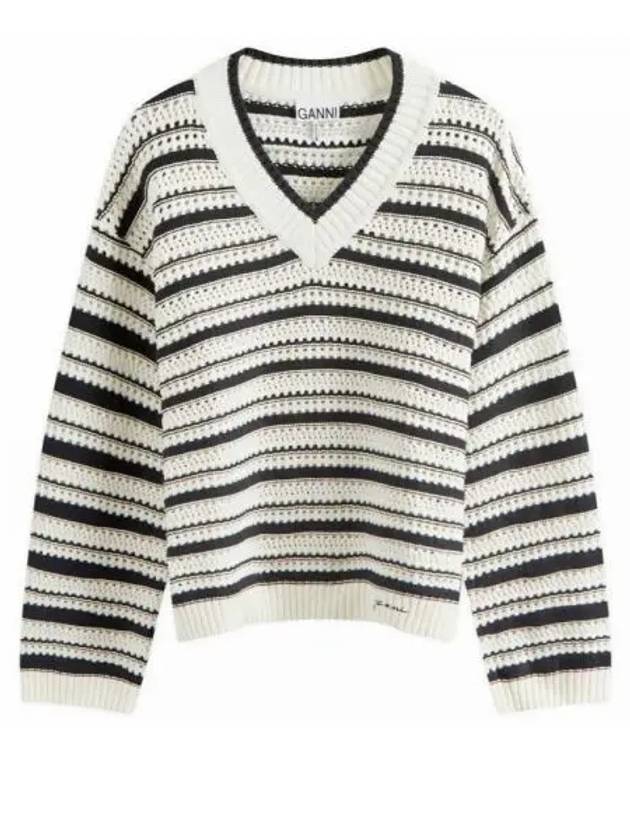 Striped V-Neck Open Knit Top - GANNI - BALAAN 2