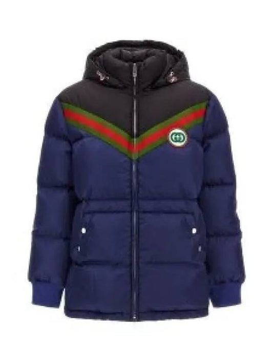 Women's Interlocking G Embroidered Patch Color Block Hood Padding Blue - GUCCI - BALAAN 2