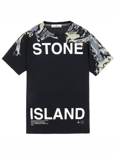 Logo Marvel Print Round Short Sleeve T-Shirt Navy - STONE ISLAND - BALAAN 2