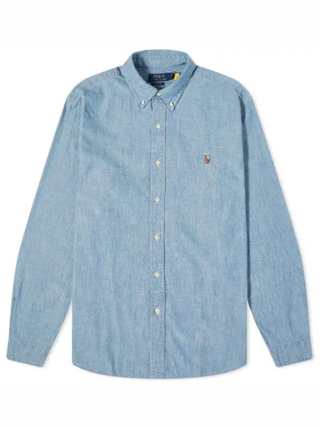 Men's Embroidered Logo Custom Fit Chambray Long Sleeve Shirt Blue - POLO RALPH LAUREN - BALAAN 2