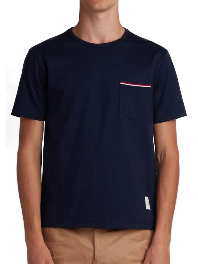 Men's Medium Weight Jersey Tipped Pocket Crewneck Short Short Sleeve T-Shirt Navy - THOM BROWNE - BALAAN 3