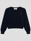 Women's Heart Logo Crew Neck Wool Knit Top Blue - AMI - BALAAN 3