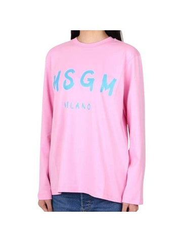 Brushed Logo Cotton Long Sleeve T-Shirt Pink - MSGM - BALAAN 1