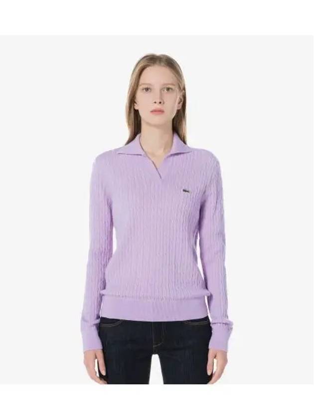 Women s Cable Open Collar Sweater Light Purple - LACOSTE - BALAAN 1