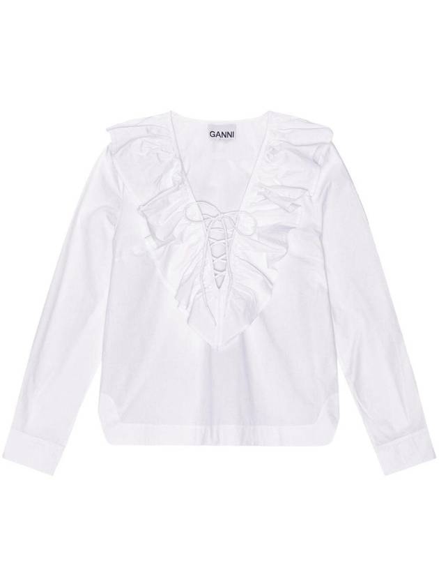 Cotton Poplin Ruffle V-Neck Blouse Bright White - GANNI - BALAAN 1