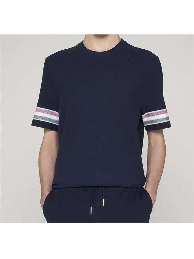 Textured Cotton Stripe Short Sleeve T-Shirt Navy - THOM BROWNE - BALAAN 3