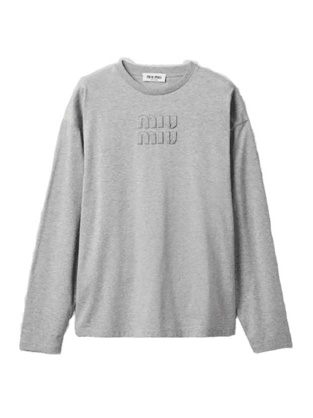 Logo Embroidered Cotton Long Sleeve T-shirt Grey - MIU MIU - BALAAN 1