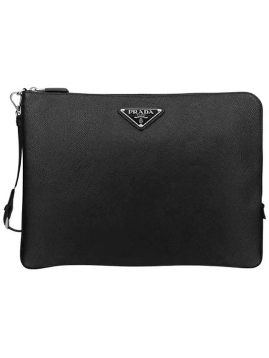 Triangle Logo Large Saffiano Clutch Bag Black - PRADA - BALAAN 2