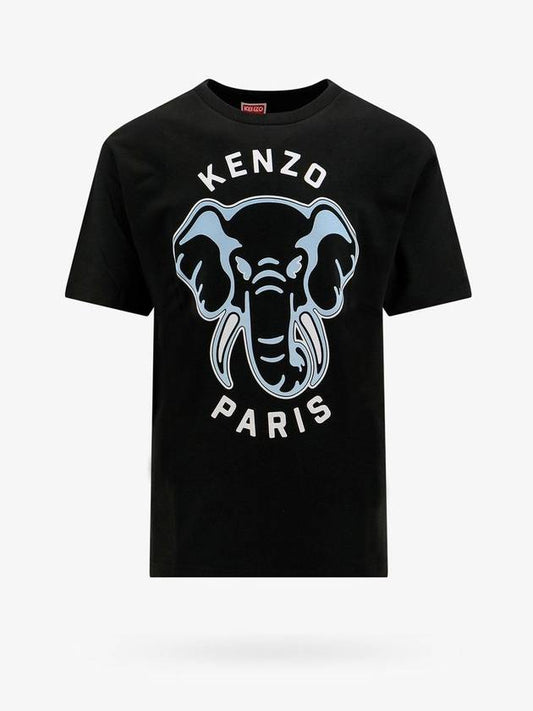 Cotton Elephant Print Short Sleeve T Shirt Black - KENZO - BALAAN 1