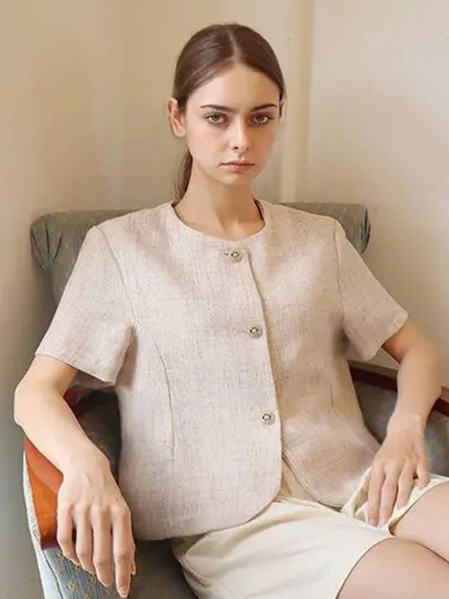 Linen 2 round neck short sleeve beige crop jacket Linen Round neck Beige JK - DAMAGE MNEMONIC - BALAAN 1