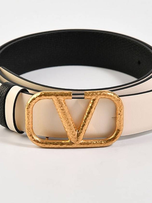Gold V logo leather belt white - VALENTINO - BALAAN 2
