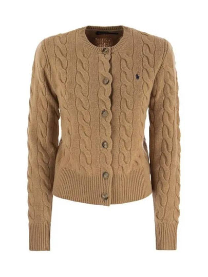 Women's Pony Logo Cable Knit Cardigan Camel - POLO RALPH LAUREN - BALAAN 2