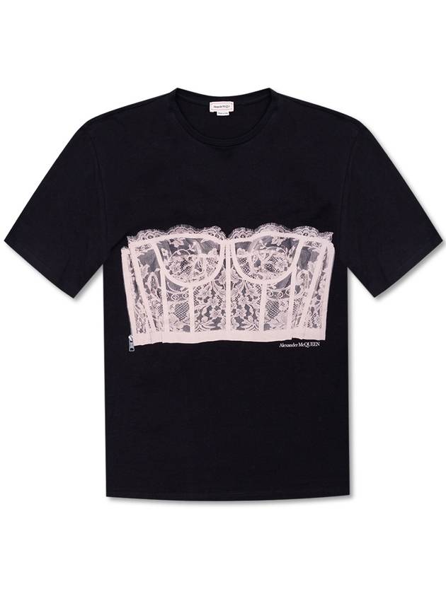 Lace Corset Print Short Sleeves T-Shirt Black - ALEXANDER MCQUEEN - BALAAN 7