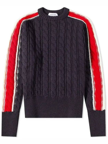 Men's Three Stripes Merino Wool Cable Knit Navy - THOM BROWNE - BALAAN.