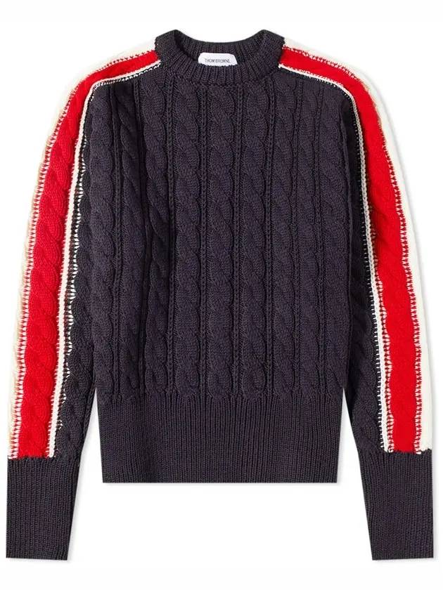 Men's Three Stripes Merino Wool Cable Knit Top Navy - THOM BROWNE - BALAAN 1