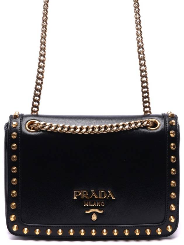 Grace Calf Stud Chain Shoulder Bag Black - PRADA - BALAAN 3