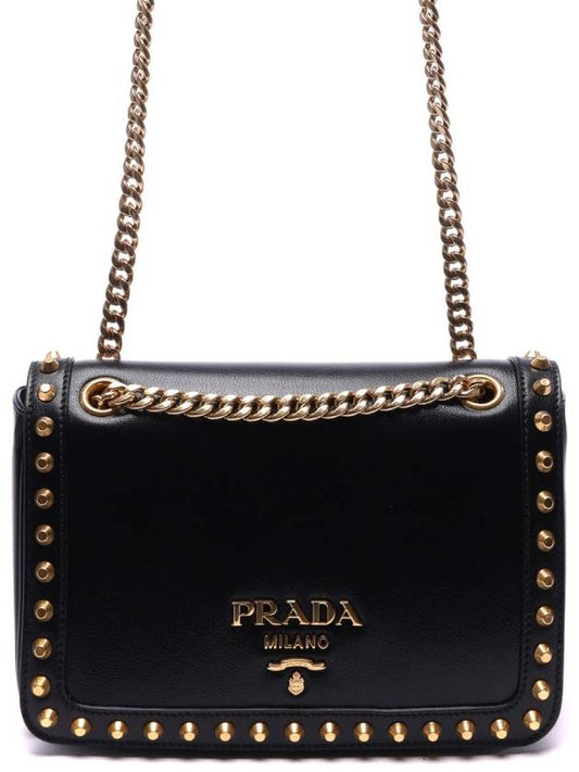 gold logo studded chain shoulder cross bag black - PRADA - BALAAN.
