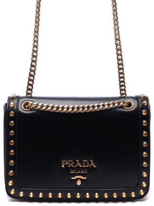 Grace Calf Stud Chain Shoulder Bag Black - PRADA - BALAAN 2