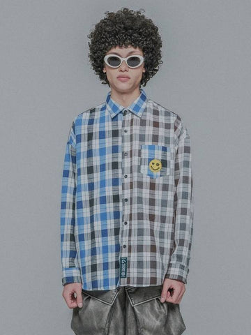 OVER FIT HALF AND HALF CHECKERED SHIRT_BLUE - HOLY NUMBER 7 - BALAAN 1