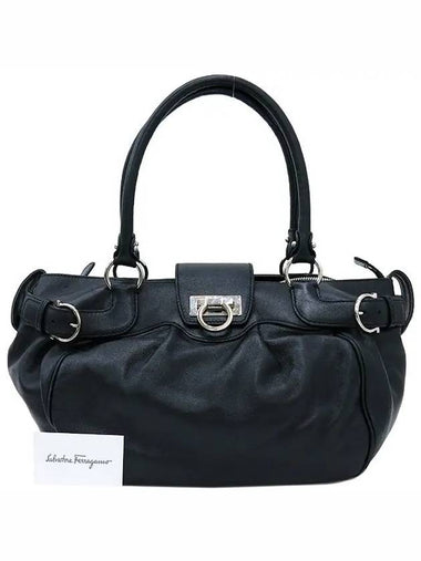 Ferragamo 21 A050 Silver Gancini Lock Buckle Logo Black Leather Shoulder Bag - SALVATORE FERRAGAMO - BALAAN 1