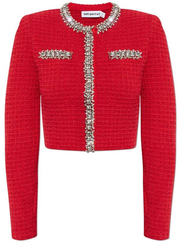 Self Portrait Tweed Blazer With Shimmering Crystals, Women's, Red - SELF PORTRAIT - BALAAN 1