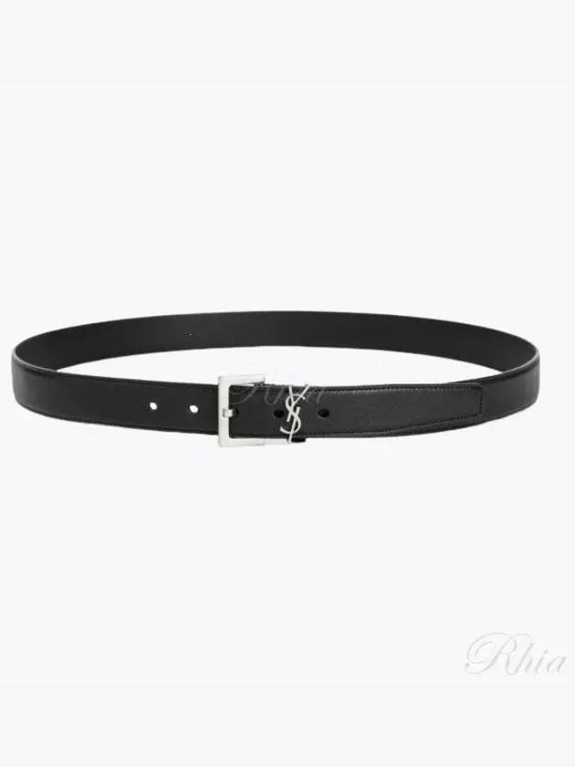 Silver Hardware Monogram Buckle Leather Belt Black - SAINT LAURENT - BALAAN 2