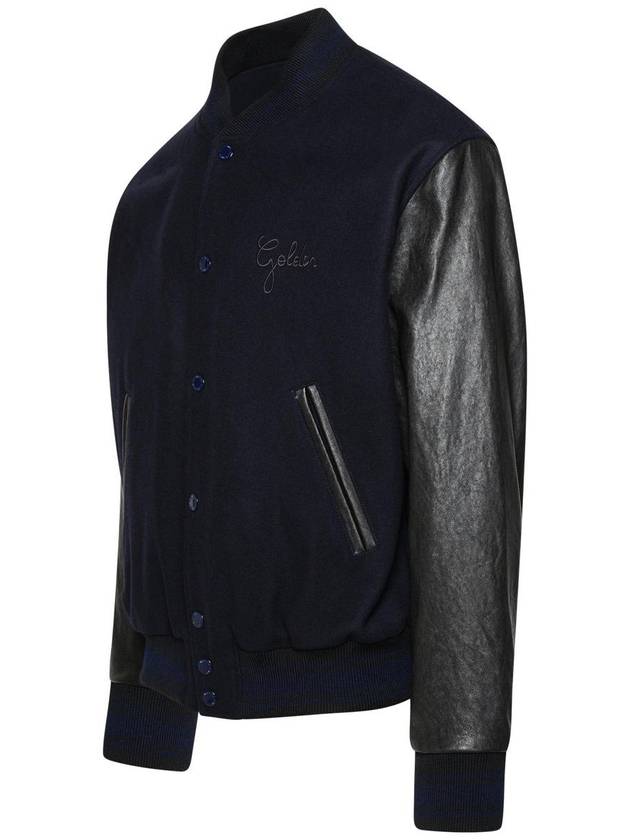 Distressed Leather Sleeve Wool Bomber Jacket Dark Blue - GOLDEN GOOSE - BALAAN 3