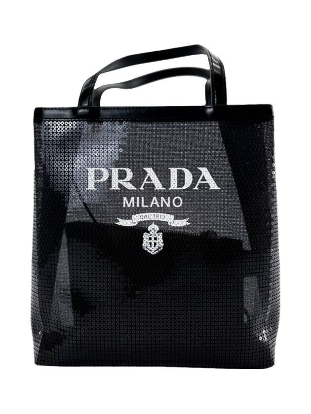 Logo Sequin Mesh Small Tote Bag Black - PRADA - BALAAN.