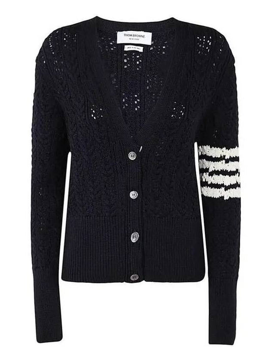 Women's Irish Pointelle Cable 4 Bar V Neck Cardigan Navy - THOM BROWNE - BALAAN 2