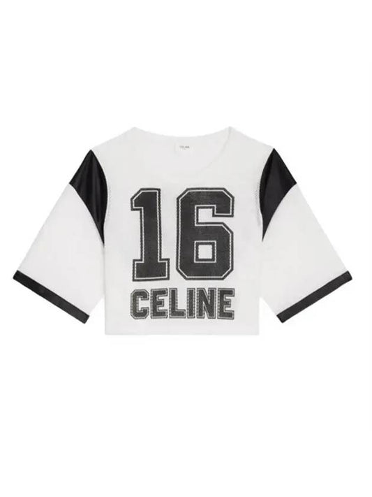 Women's 16 Print Jersey Mesh Crop Short Sleeve T-Shirt Black White - CELINE - BALAAN 1