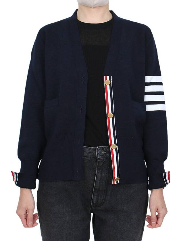 Milano Stitch 4 Bar Classic V Neck Fine Merino Wool Cardigan Navy - THOM BROWNE - BALAAN 4