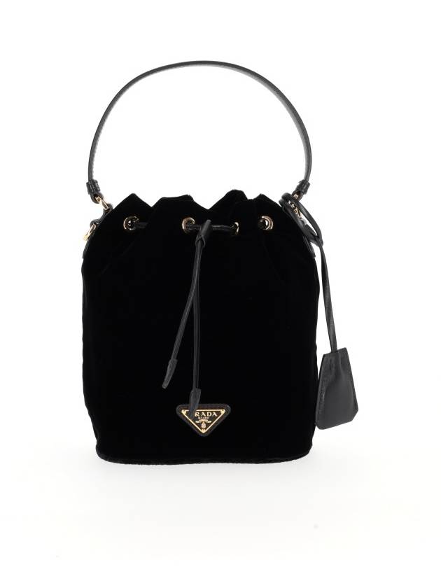 Nappa Leather Detail Velvet Bucket Bag Black - PRADA - BALAAN 3