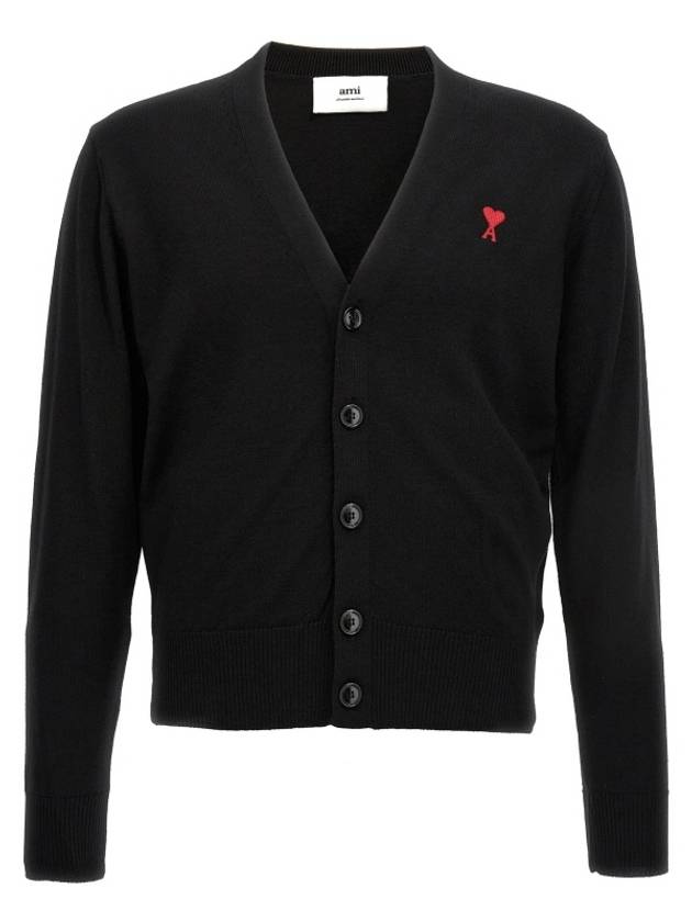 Red Heart Logo Merino Wool Cardigan Black - AMI - BALAAN 2