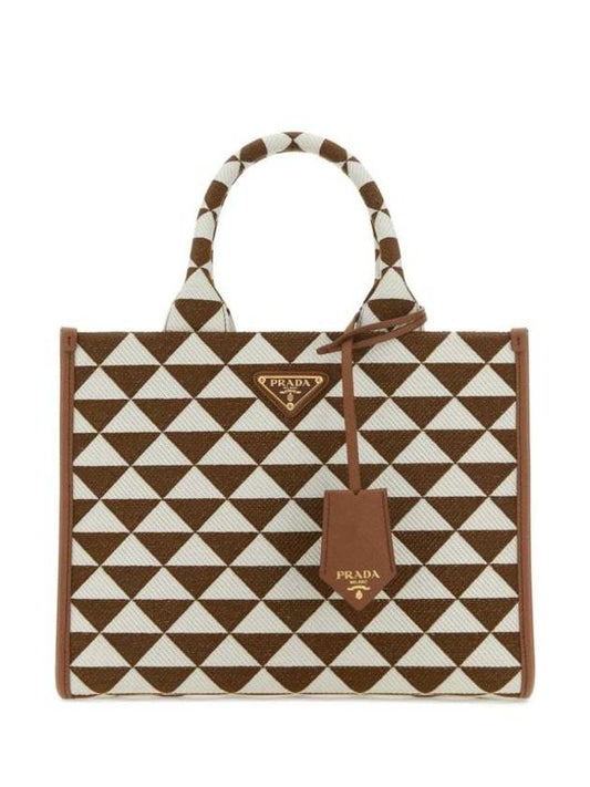 Small Symbol Embroidery Fabric Hand Tote Bag Brown - PRADA - BALAAN 1