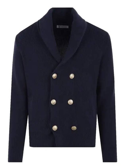 Men's Gold Button Double Breasted Cardigan Blue - BRUNELLO CUCINELLI - BALAAN.