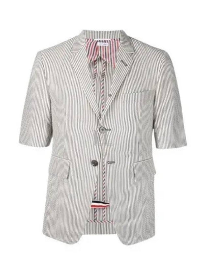 Men's Seersucker Wool Short Sleeve Jacket Medium Grey - THOM BROWNE - BALAAN 2