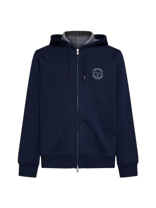 Logo Print Double Fleece Zip Up Hoodie Dark Blue - BRUNELLO CUCINELLI - BALAAN 2