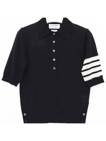 Women's Diagonal Striped Relaxed Fit Wool Polo Shirt Navy - THOM BROWNE - BALAAN 1