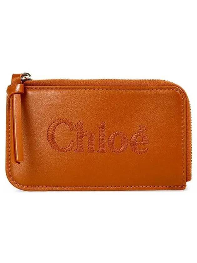 Embroidered Logo Shiny Calf Skin Zipper Card Wallet Brown - CHLOE - BALAAN 1