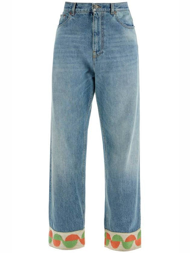 medium blue denim jeans with decorative green and orange trim - VALENTINO - BALAAN 1