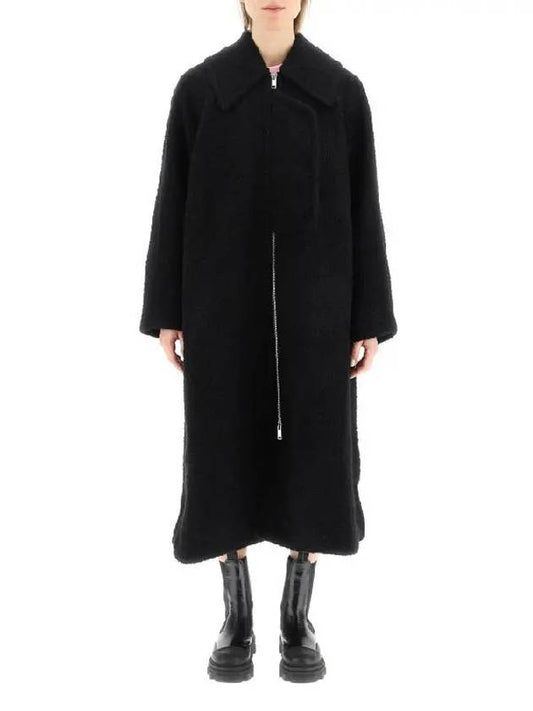 Women's Wool Plain Logo Oversized Coat Black - GANNI - BALAAN 2