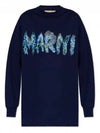 Logo Print Cotton Long Sleeve T-Shirt Navy - MARNI - BALAAN 2