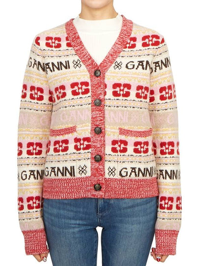 Logo V-neck Wool Blend Cardigan Red - GANNI - BALAAN 2