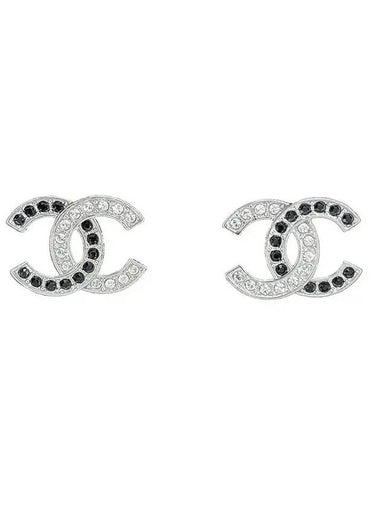 Two-Tone CC Logo Crystal Earrings Black Silver - CHANEL - BALAAN 1