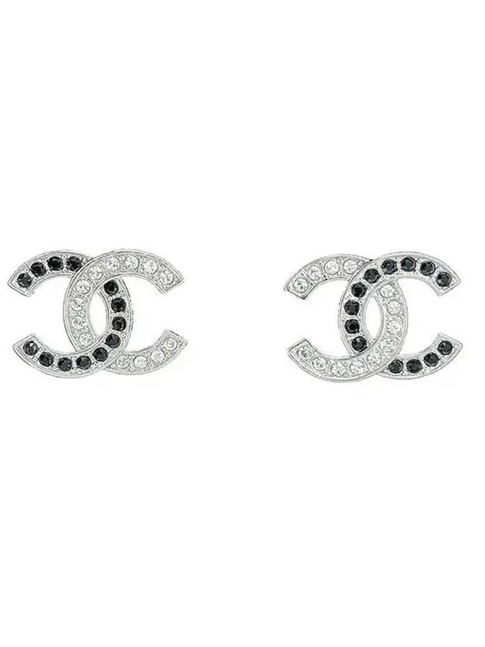 Crystal Two-tone CC Logo Earrings Silver Black - CHANEL - BALAAN.